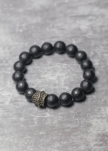 Bracelet Homme Agate Noire Mate 12 mm à Facettes et Laiton Vieilli – Grosses Perles