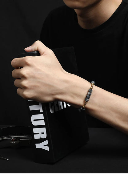 Bracelet Oeil de Tigre à Facettes ou Hornblende Noire – Breloque Bambou en Cuivre