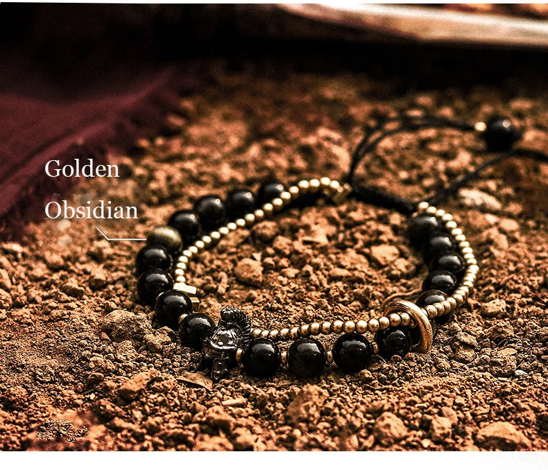 Bracelet Tressé Homme Obsidienne Dorée ou Goldstone Bleue – Style Viking Ajustable