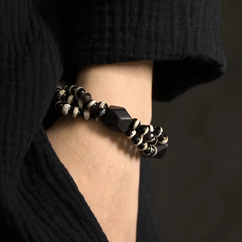 Bracelet Multirang Onyx Noir et Bois d'Ébène – Style Géométrique, Homme et Femme
