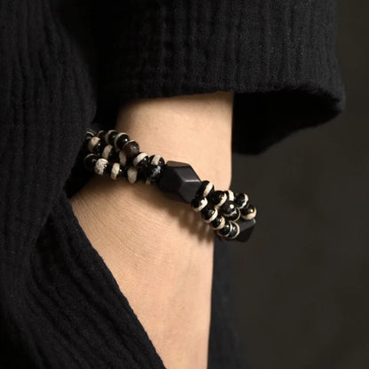 Bracelet Multirang Onyx Noir et Bois d'Ébène – Style Géométrique, Homme et Femme