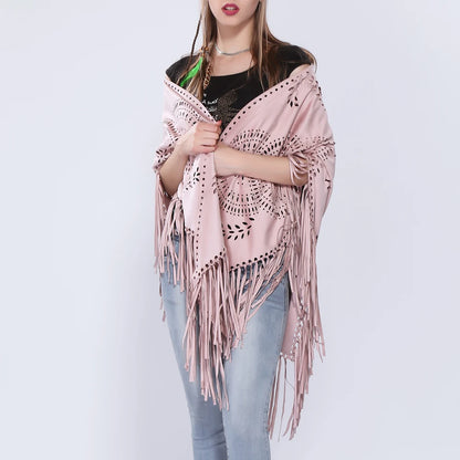 Poncho en Velours avec Franges - Élégance Bohème Chic