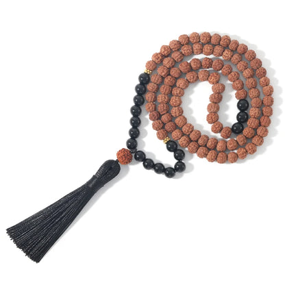 "Mala de la Protection" 108 perles en Onyx Noir et Rudraksha