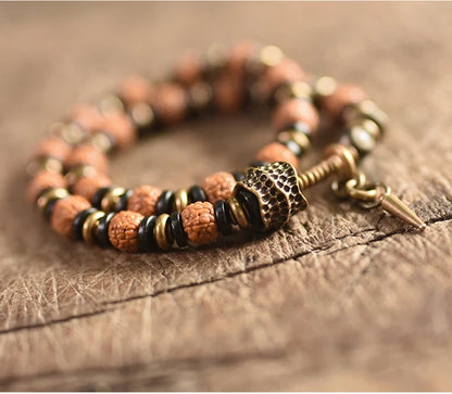 Bracelet Multirang Rudraksha, Ébène et Laiton – Porte-Bonheur Unisexe