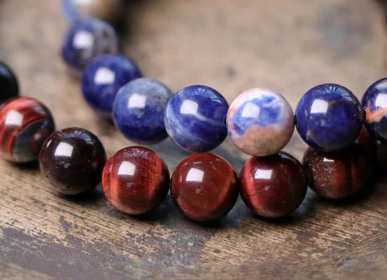 Bracelet Oeil de Tigre Rouge et Obsidienne 8 mm avec Vajra en Cuivre