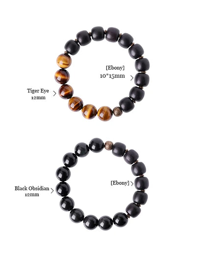Bracelet Oeil de Tigre Doré ou Obsidienne Arc-en-Ciel – Perles de Bois et Métal Martelé
