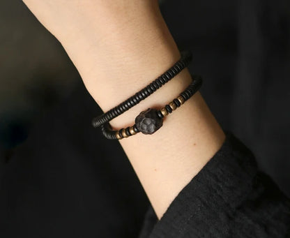 Bracelet Double Rang Ébène Sculptée et Cuivre Vieilli – Style Rock Unisexe