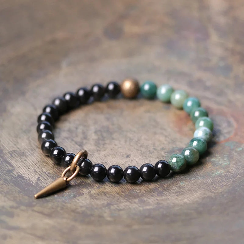 Bracelet Agate et Obsidienne Noire avec Vajra en Cuivre – 4 Pierres au Choix