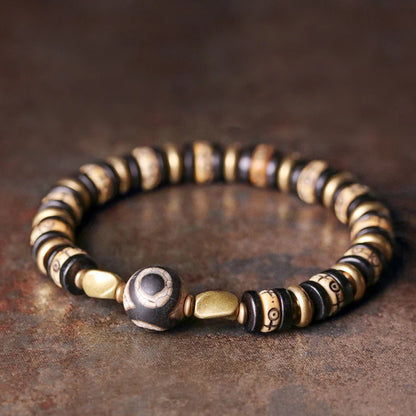 Bracelet Tibétain Os de Bœuf Sculpté et Ébène – Perle Œil Protecteur, Unisexe