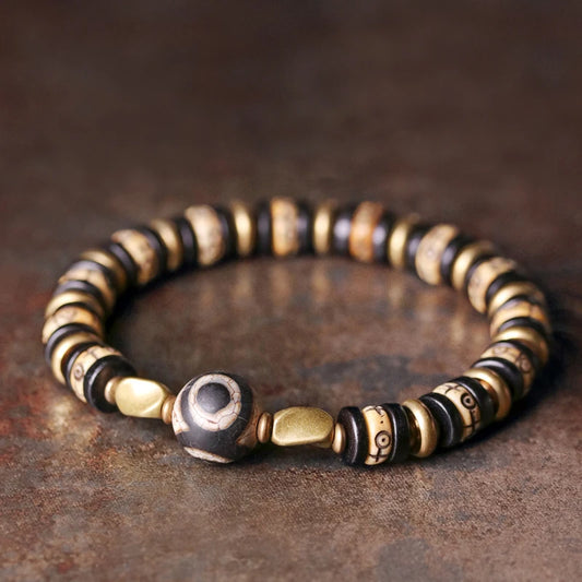 Bracelet Tibétain Os de Bœuf Sculpté et Ébène – Perle Œil Protecteur, Unisexe