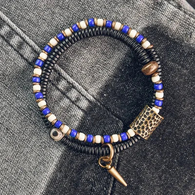 Bracelet Zen Double Rang Ébène et Pierres Colorées – Vajra en Laiton Martelé