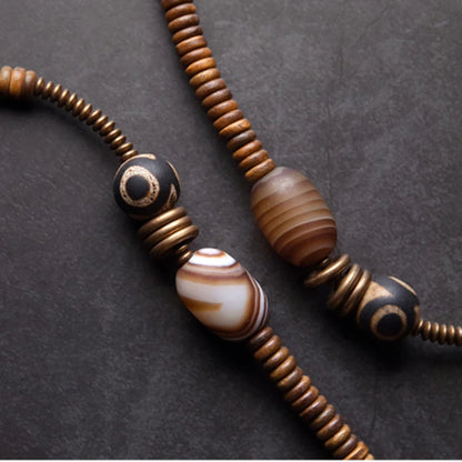 Bracelet Multirang Bois de Vera et Sardonyx – Perles Tibétaines en Cuivre Vieilli