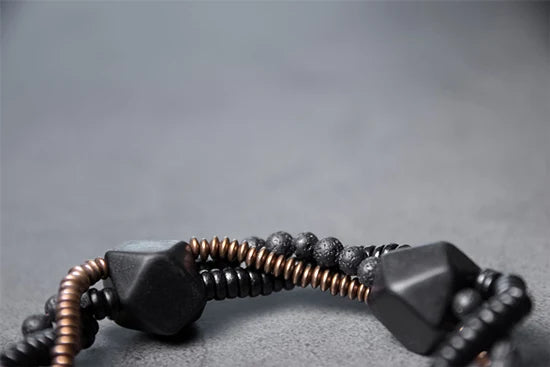 Bracelet Homme Double Rang Ébène et Pierre de Lave – Laiton Vintage Style Rock