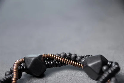 Bracelet Homme Double Rang Ébène et Pierre de Lave – Laiton Vintage Style Rock