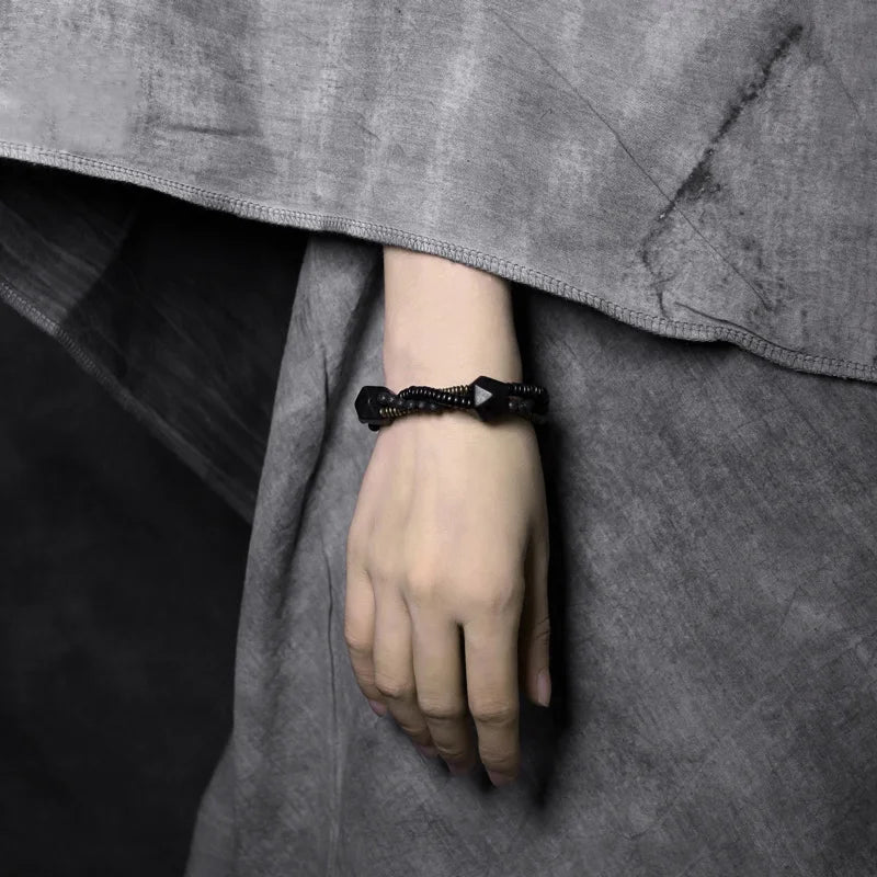 Bracelet Homme Double Rang Ébène et Pierre de Lave – Laiton Vintage Style Rock