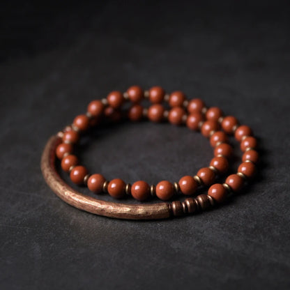 Bracelet Rétro Pierre Rouge ou Verte et Perles de Cuivre – Inspiration Afrique, Fait Main