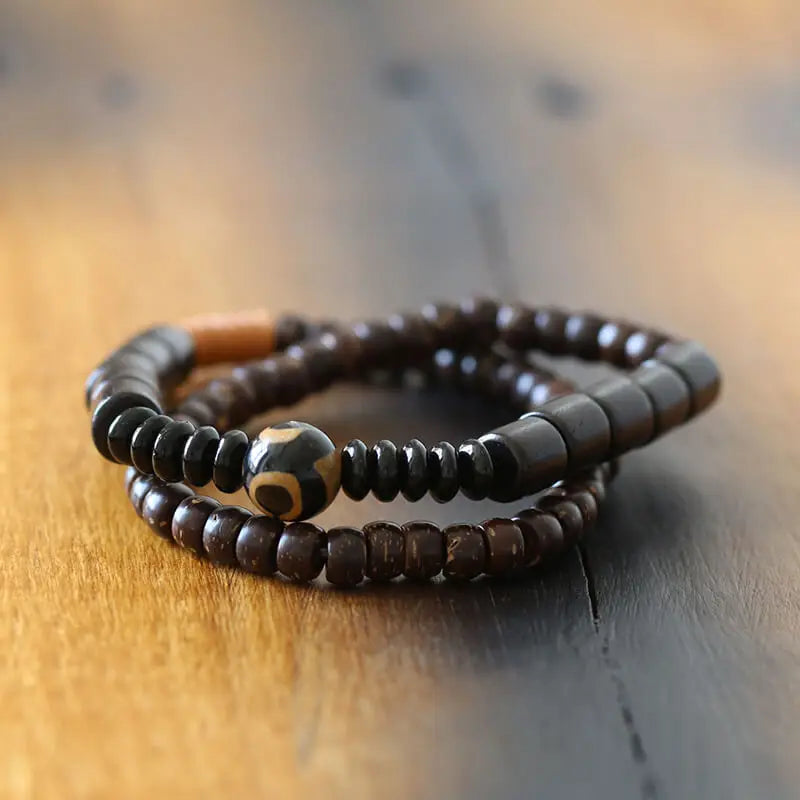 Bracelet Double Rang Bois de Santal Noir et Onyx – Méditation Bouddhiste