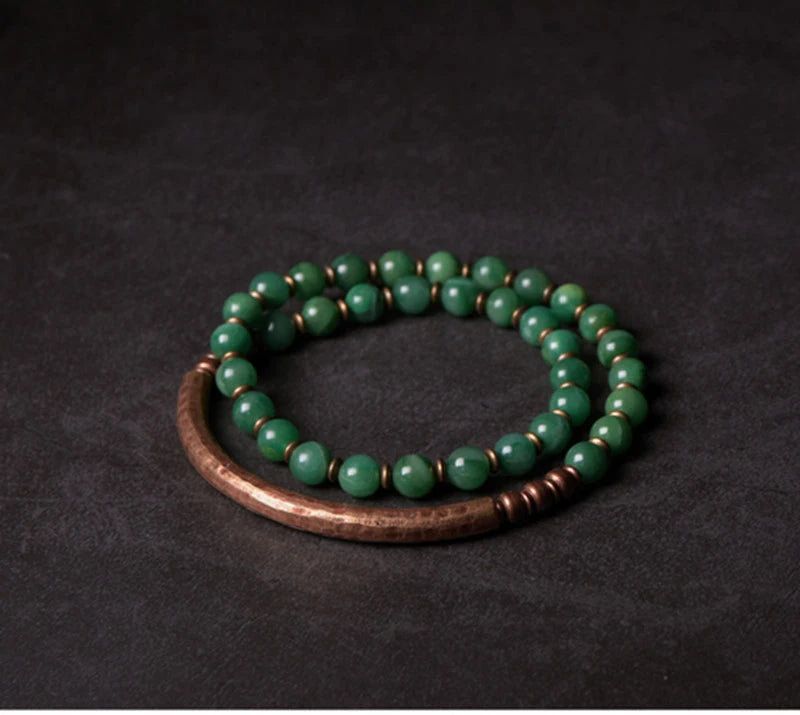 Bracelet Rétro Pierre Rouge ou Verte et Perles de Cuivre – Inspiration Afrique, Fait Main