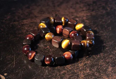 Bracelet Rétro Oeil de Tigre 10 mm et Perles d'Ébène – Doré ou Rouge, Homme et Femme