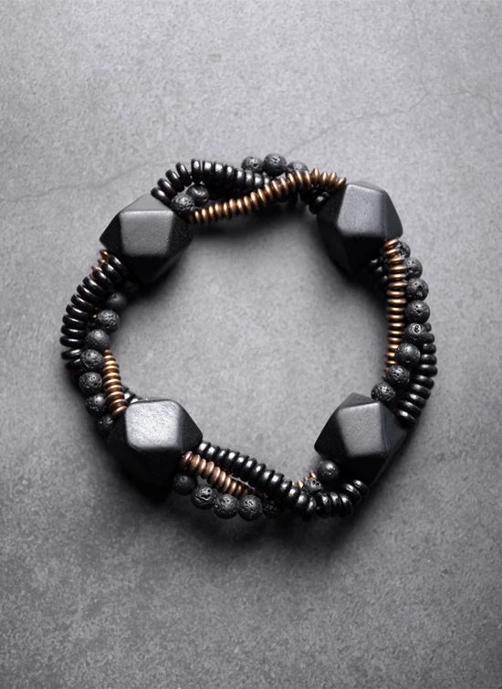Bracelet Homme Double Rang Ébène et Pierre de Lave – Laiton Vintage Style Rock