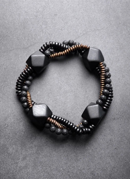 Bracelet Homme Double Rang Ébène et Pierre de Lave – Laiton Vintage Style Rock