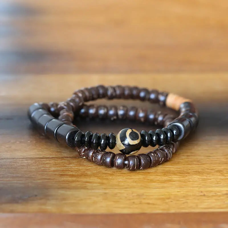 Bracelet Double Rang Bois de Santal Noir et Onyx – Méditation Bouddhiste