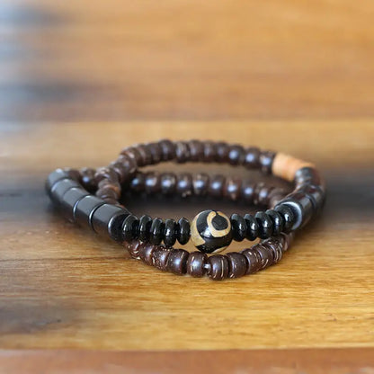 Bracelet Double Rang Bois de Santal Noir et Onyx – Méditation Bouddhiste
