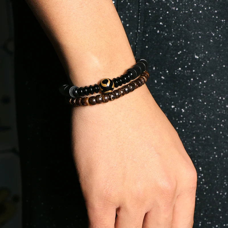 Bracelet Double Rang Bois de Santal Noir et Onyx – Méditation Bouddhiste