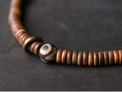 Bracelet Multirang Bois de Vera et Sardonyx – Perles Tibétaines en Cuivre Vieilli