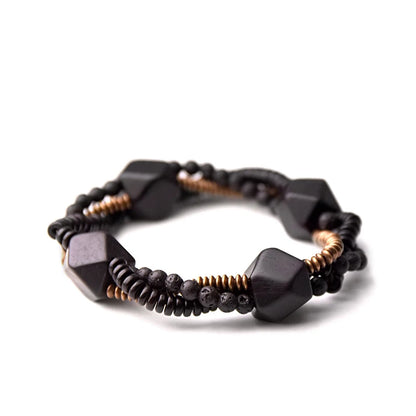 Bracelet Homme Double Rang Ébène et Pierre de Lave – Laiton Vintage Style Rock