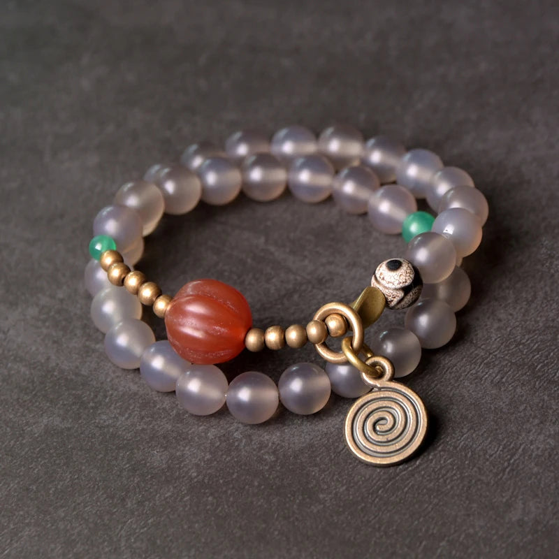 Bracelet Agate Mate Blanche ou Grise et Perle Œil de Bouddha – Zen Tibétain