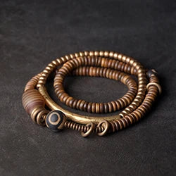 Bracelet Multirang Bois de Vera et Sardonyx – Perles Tibétaines en Cuivre Vieilli