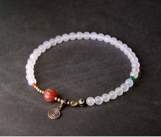 Bracelet Agate Mate Blanche ou Grise et Perle Œil de Bouddha – Zen Tibétain