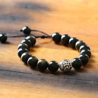 Bracelet Obsidienne Dorée et Breloque Tibétaine OM – Ajustable, pour Homme