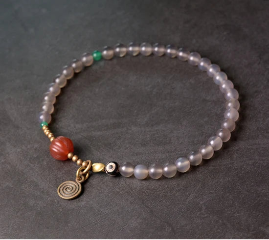 Bracelet Agate Mate Blanche ou Grise et Perle Œil de Bouddha – Zen Tibétain