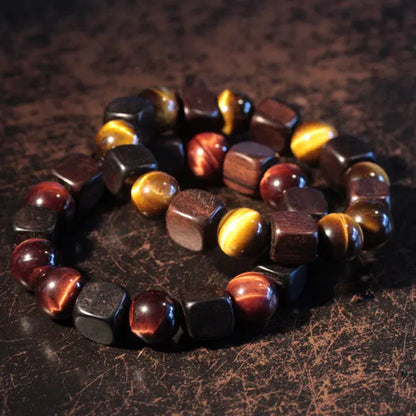 Bracelet Rétro Oeil de Tigre 10 mm et Perles d'Ébène – Doré ou Rouge, Homme et Femme