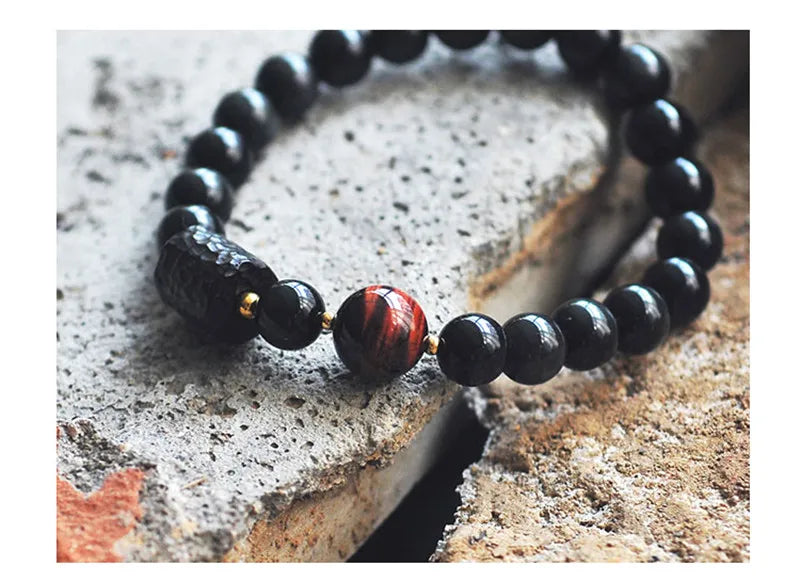 Bracelet Oeil de Tigre et Obsidienne Arc-en-Ciel avec Perle d'Ébène Sculptée – Couple
