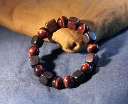 Bracelet Rétro Oeil de Tigre 10 mm et Perles d'Ébène – Doré ou Rouge, Homme et Femme