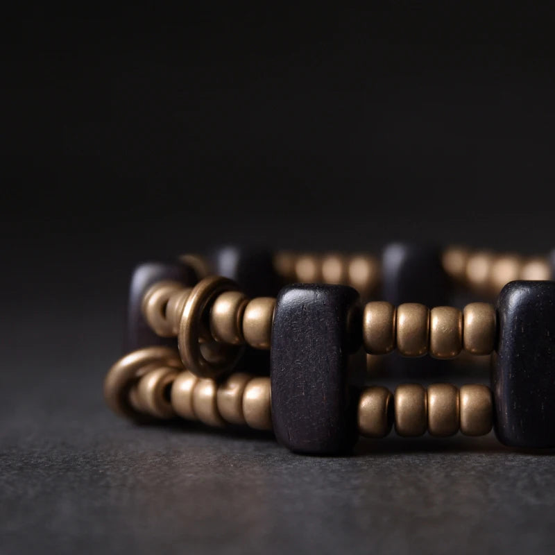 Bracelet Multirang Perles de Laiton et Bois d'Ébène – Géométrique, Homme et Femme