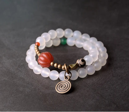 Bracelet Agate Mate Blanche ou Grise et Perle Œil de Bouddha – Zen Tibétain