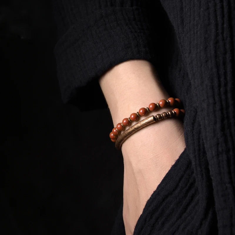 Bracelet Rétro Pierre Rouge ou Verte et Perles de Cuivre – Inspiration Afrique, Fait Main
