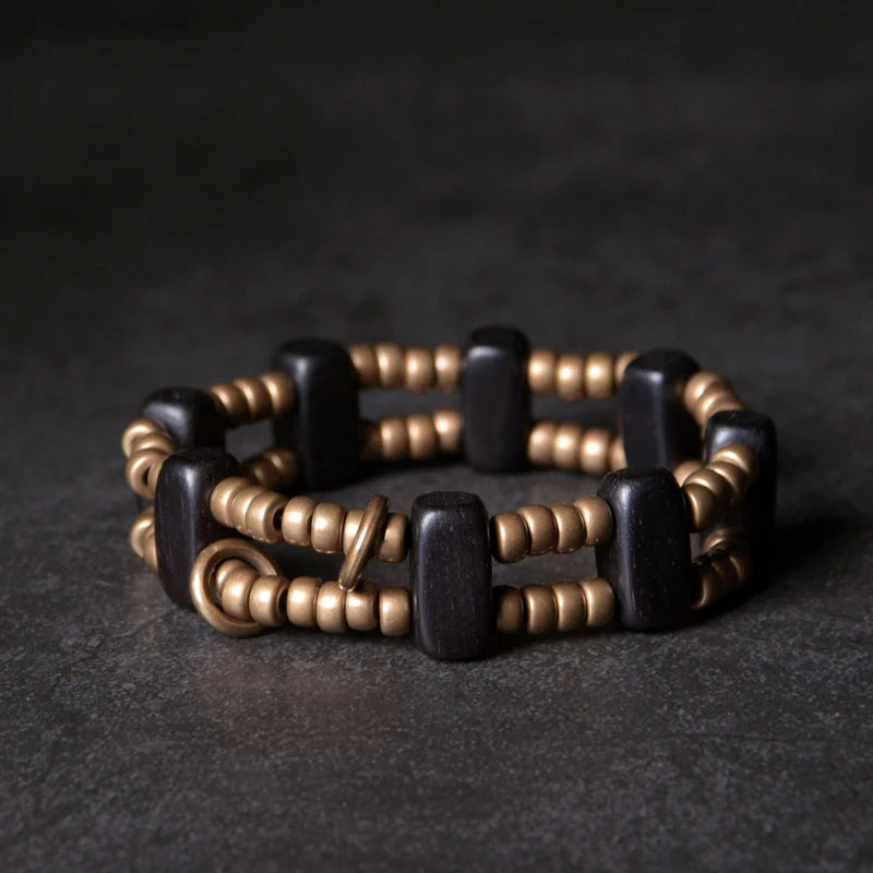 Bracelet Multirang Perles de Laiton et Bois d'Ébène – Géométrique, Homme et Femme