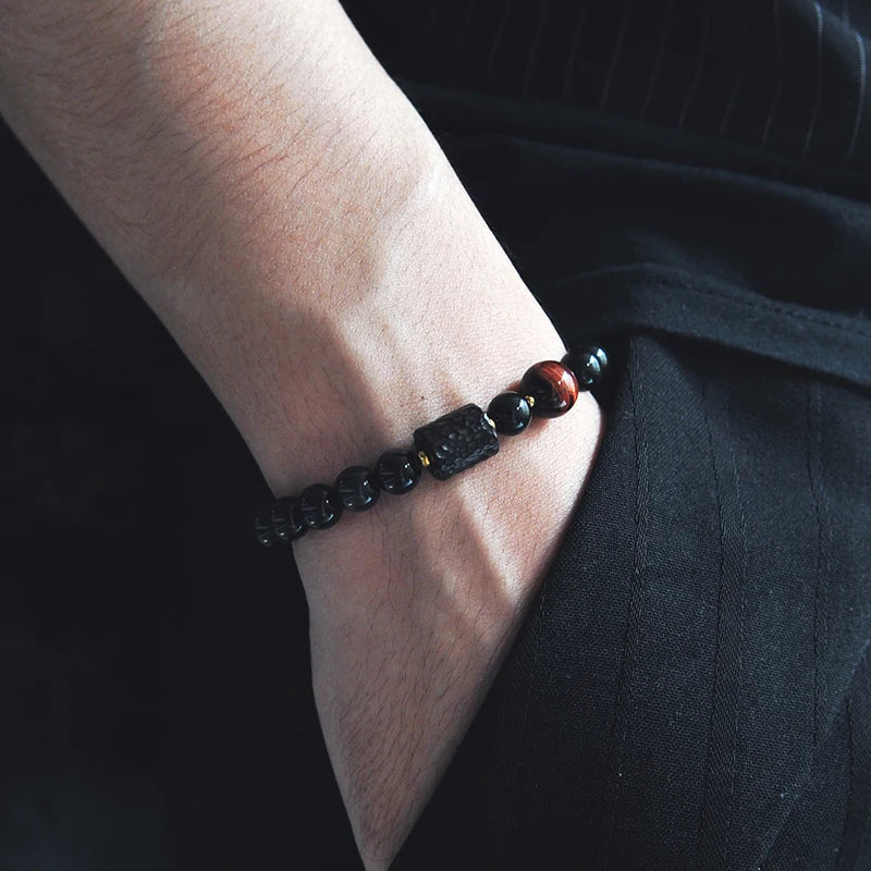 Bracelet Oeil de Tigre et Obsidienne Arc-en-Ciel avec Perle d'Ébène Sculptée – Couple