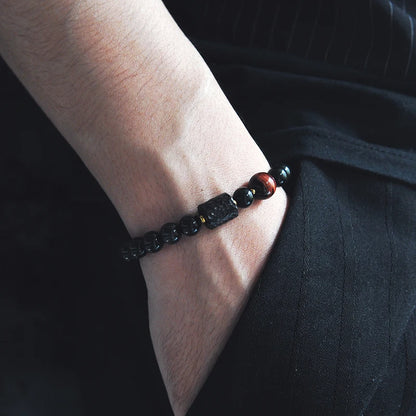 Bracelet Oeil de Tigre et Obsidienne Arc-en-Ciel avec Perle d'Ébène Sculptée – Couple