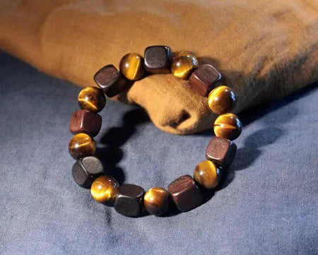 Bracelet Rétro Oeil de Tigre 10 mm et Perles d'Ébène – Doré ou Rouge, Homme et Femme