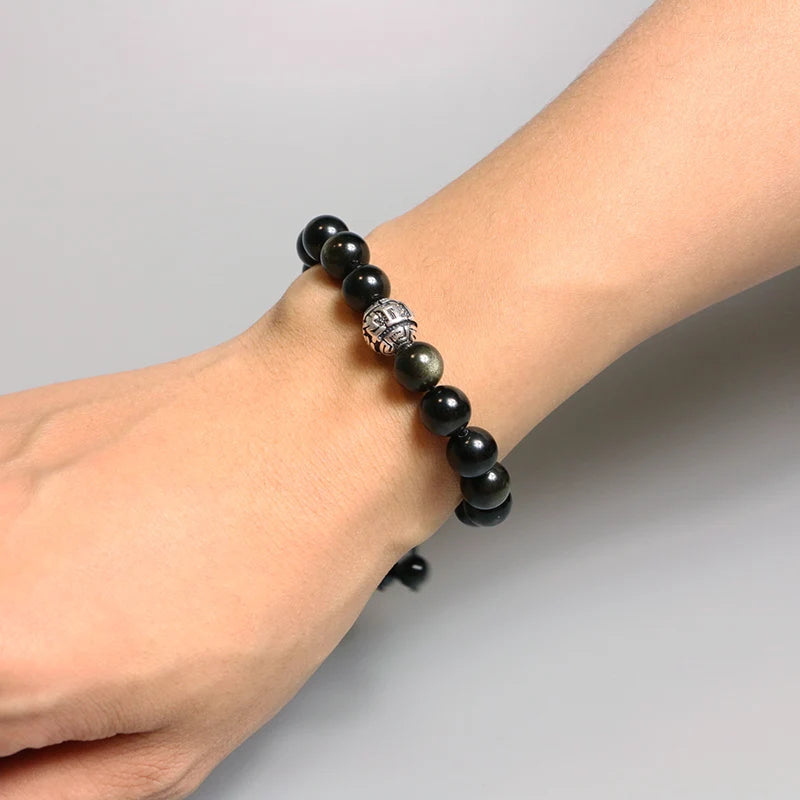 Bracelet Obsidienne Dorée et Breloque Tibétaine OM – Ajustable, pour Homme