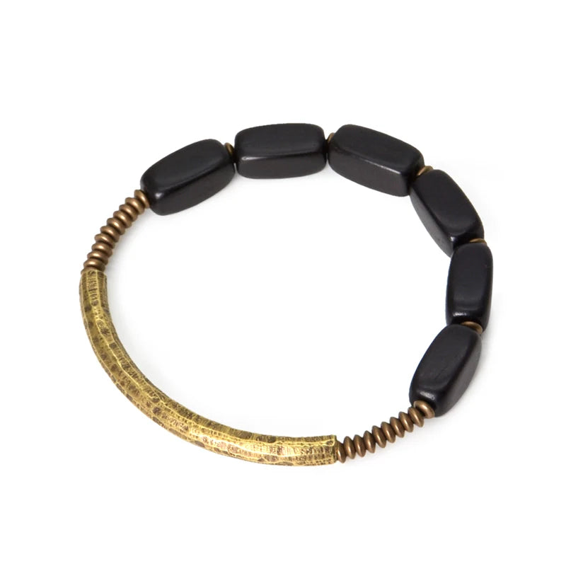 Bracelet en Bois d'Ébène et Laiton Martelé – Fait Main, Homme et Femme