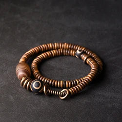 Bracelet Multirang Bois de Vera et Sardonyx – Perles Tibétaines en Cuivre Vieilli