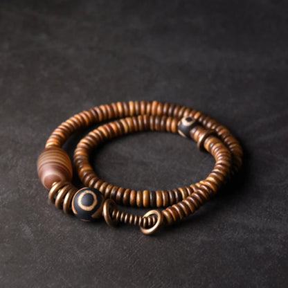 Bracelet Multirang Bois de Vera et Sardonyx – Perles Tibétaines en Cuivre Vieilli