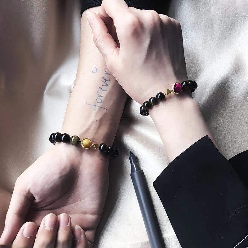 Bracelet Couple Oeil de Tigre et Obsidienne Dorée – Duo Homme et Femme